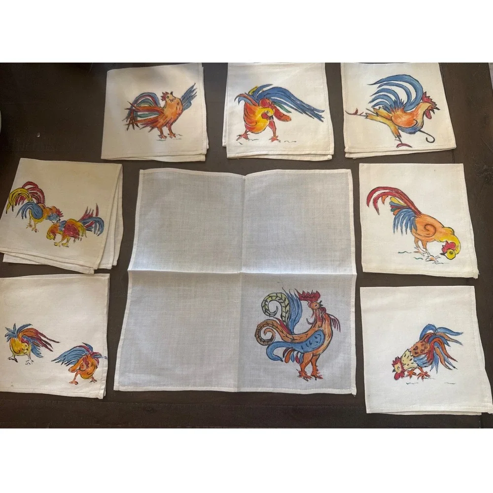 Vintage Hand Painted Rooster Linen Cocktail Napkins Set of 8 Farmhouse Folk Art